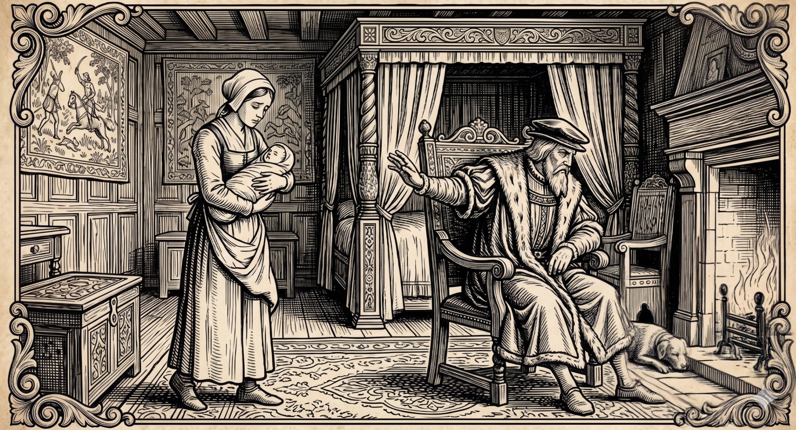 Středověká rytina šlechtice odmítajícího služebnou s novorozencem. Mittelalterlicher Stich eines Adligen, der eine Magd mit Neugeborenem abweist. Medieval engraving of a nobleman rejecting a maid with a newborn.
