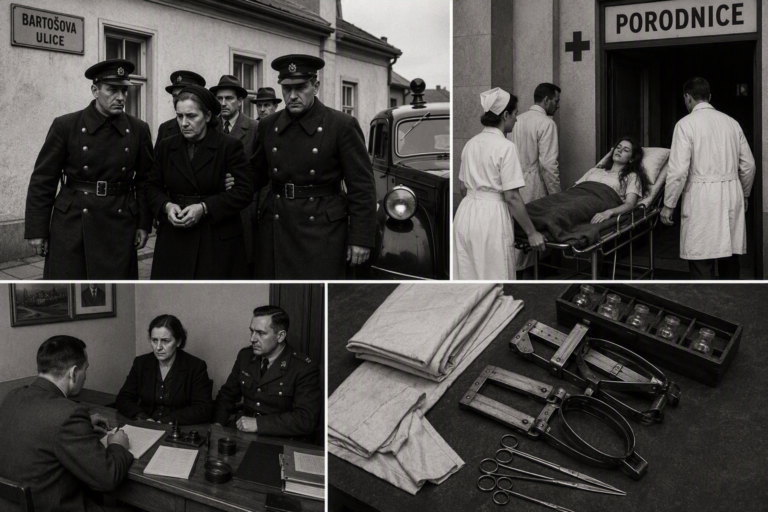 Čtyři černobílé výjevy: zatčení ženy policií, převoz do porodnice, výslech a detail zdravotnických nástrojů a pout