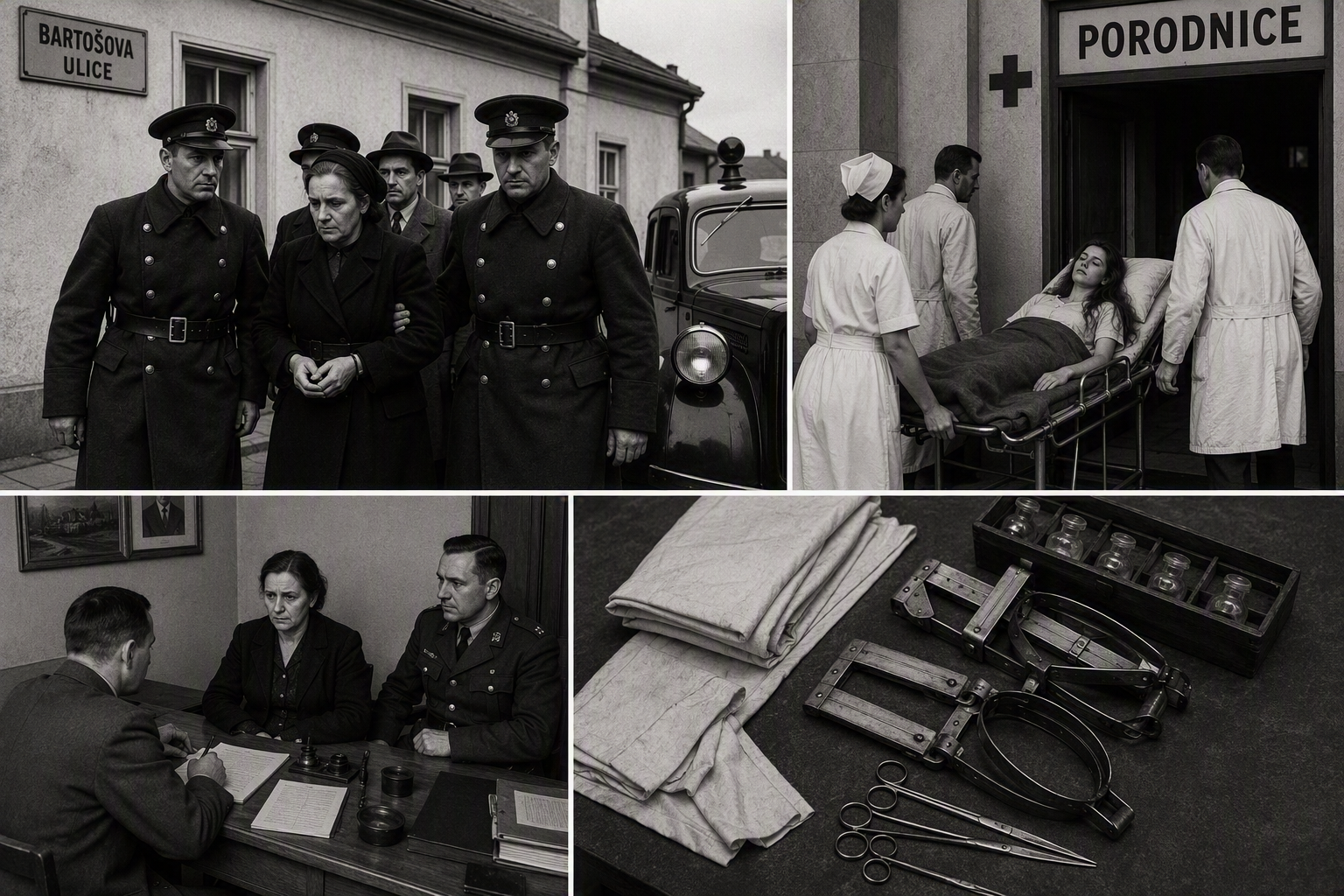 Čtyři černobílé výjevy: zatčení ženy policií, převoz do porodnice, výslech a detail zdravotnických nástrojů a pout