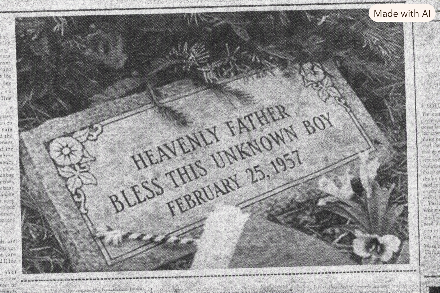 Náhrobní kámen s nápisem HEAVENLY FATHER BLESS THIS UNKNOWN BOY FEBRUARY 25, 1957 obklopený květinami