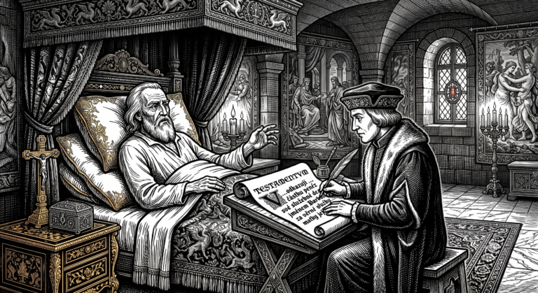 Starý muž na lůžku diktuje svou poslední vůli písaři zapisujícímu testament na svitek
