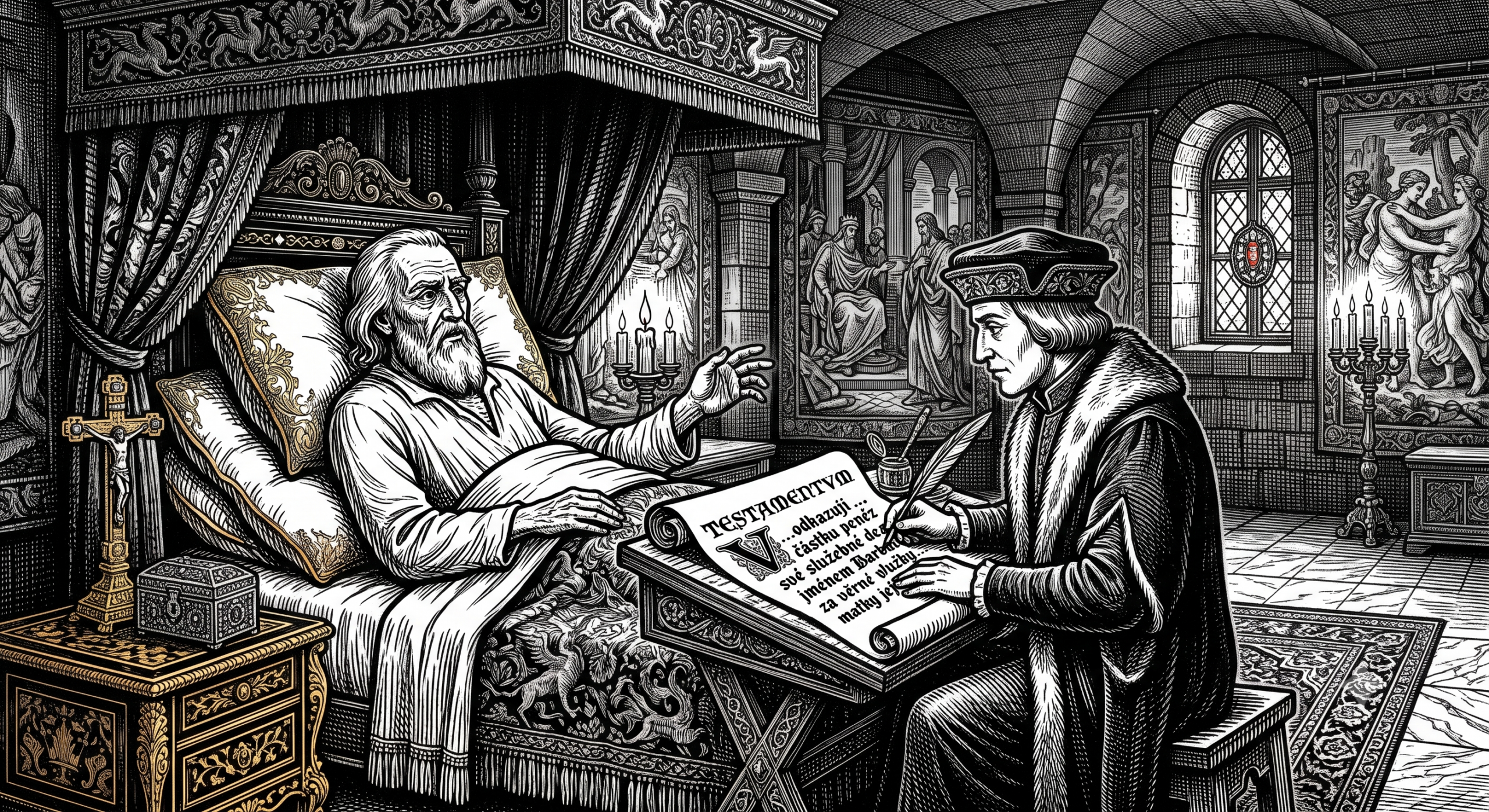 Starý muž na lůžku diktuje svou poslední vůli písaři zapisujícímu testament na svitek